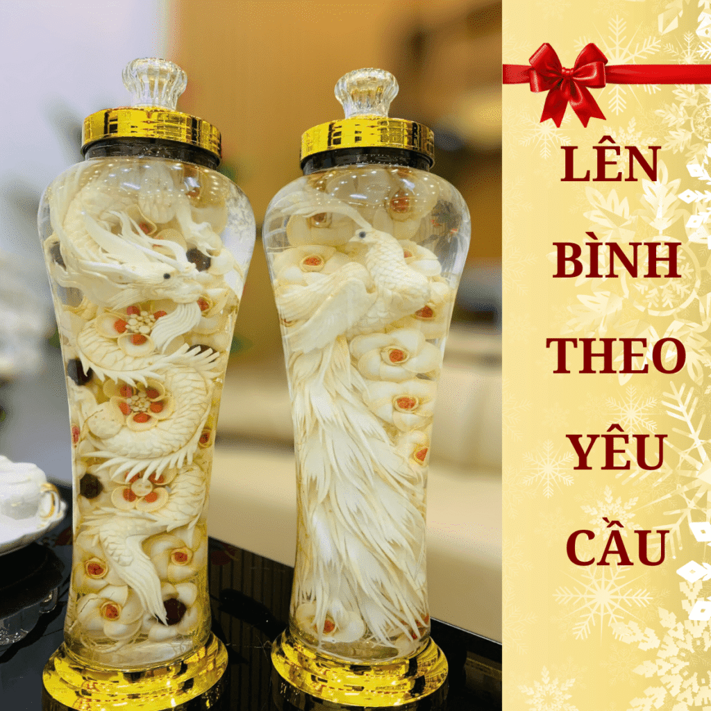 Bình rượu sâm điêu khắc nghệ thuật Rồng và Phượng Phú Quý 7L từ nhân sâm Hàn Quốc 6 năm tuổi tại Sâm Yến Lộc Thiên Linh.