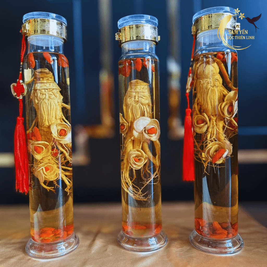 Bộ 3 bình rượu sâm Tam Đa Phúc Lộc Thọ 1 lít được điêu khắc thủ công từ sâm Hàn Quốc 6 năm tuổi tại Lộc Thiên Linh.