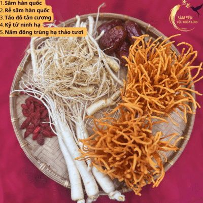 Chi tiết 5 thành phần thảo dược: sâm tươi, rễ sâm, táo đỏ Tân Cương, kỷ tử Ninh Hạ và nấm đông trùng trong Combo Ngũ Bổ.