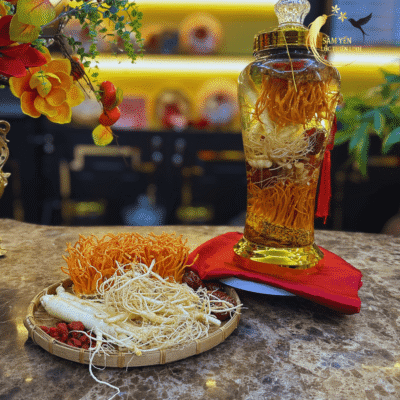 Set quà tặng sức khỏe Combo Ngũ Bổ Sinh Lực trưng bày cùng bình rượu sâm nghệ thuật tại showroom Sâm Yến Lộc Thiên Linh.