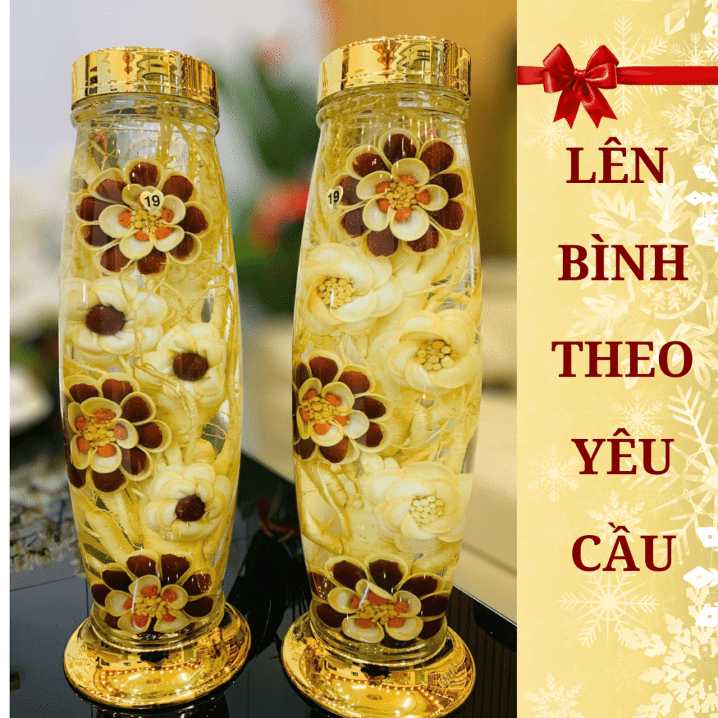 Cặp bình hoa sâm nghệ thuật 5 lít được kết thủ công từ nhân sâm 6 năm tuổi theo yêu cầu khách hàng tại showroom Lộc Thiên Linh Hà Nội.