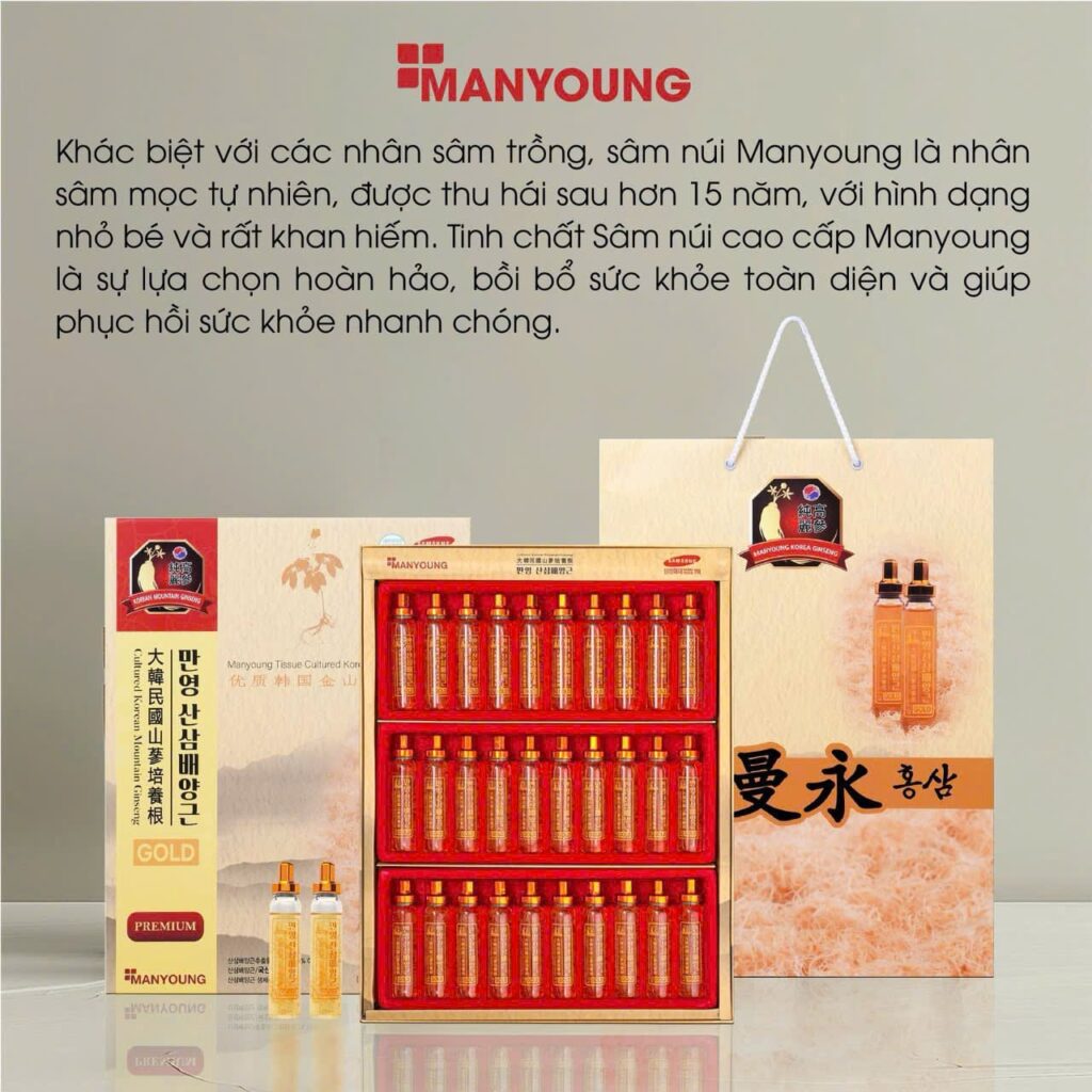 Trọn bộ tinh chất sâm núi Manyoung Gold kèm túi giấy cao cấp sẵn hàng số lượng lớn tại showroom Sâm Yến Lộc Thiên Linh.