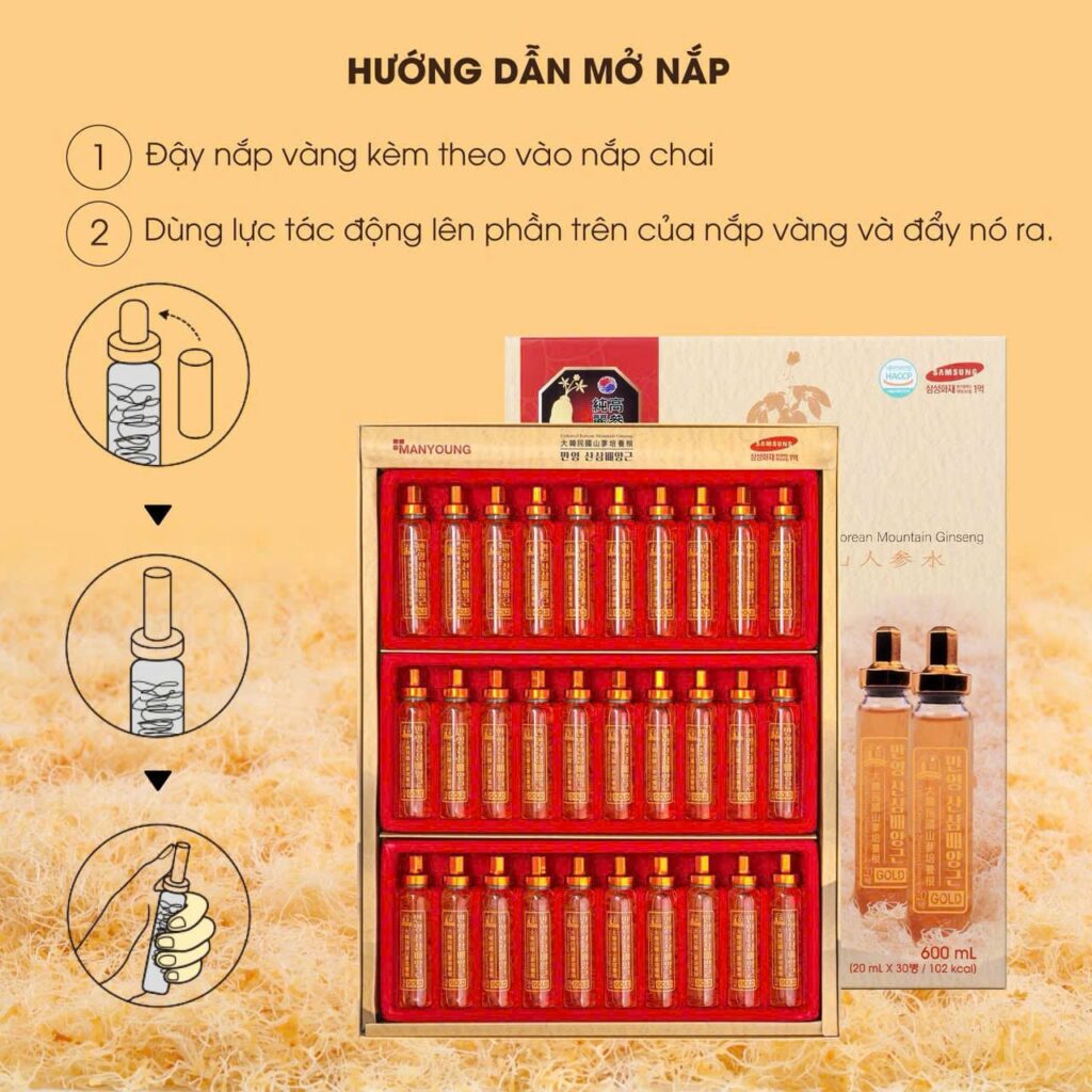 Hình ảnh minh họa các bước hướng dẫn mở nắp lọ tinh chất sâm núi Manyoung Gold đơn giản và đúng cách để sử dụng.