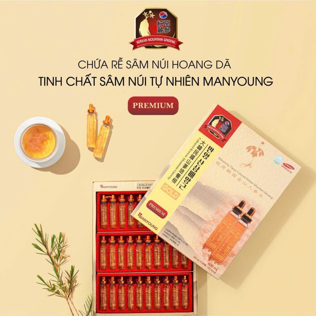 Lọ tinh chất sâm núi Manyoung Gold Premium chứa rễ sâm thật giúp cải thiện trí nhớ, tinh thần minh mẫn và giảm stress.