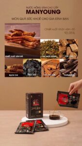 Cận cảnh các loại dược liệu quý kết hợp cùng hồng sâm trong mỗi gói Manyoung 70ml giúp thanh lọc máu và tăng oxy tế bào.