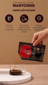 Cách dùng nước hồng sâm Manyoung: Uống 1 gói/lần, 1-2 lần/ngày sau khi ăn để phục hồi thể lực và tăng khả năng hấp thụ.