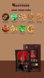 Các chiết xuất thảo dược như cam thảo, vỏ quế, gừng trong nước hồng sâm Manyoung hỗ trợ làn da sáng khỏe, chống lão hóa.