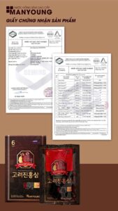 Bản scan giấy chứng nhận tiêu chuẩn chất lượng và an toàn thực phẩm của sản phẩm nước hồng sâm Manyoung Hàn Quốc.