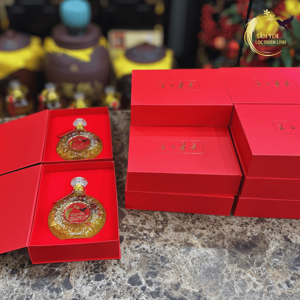 Quy cách đóng gói hộp quà biếu rượu sâm nấm đông trùng hạ thảo thượng hạng, sử dụng rượu men lá Hà Giang êm ái, không đau đầu.